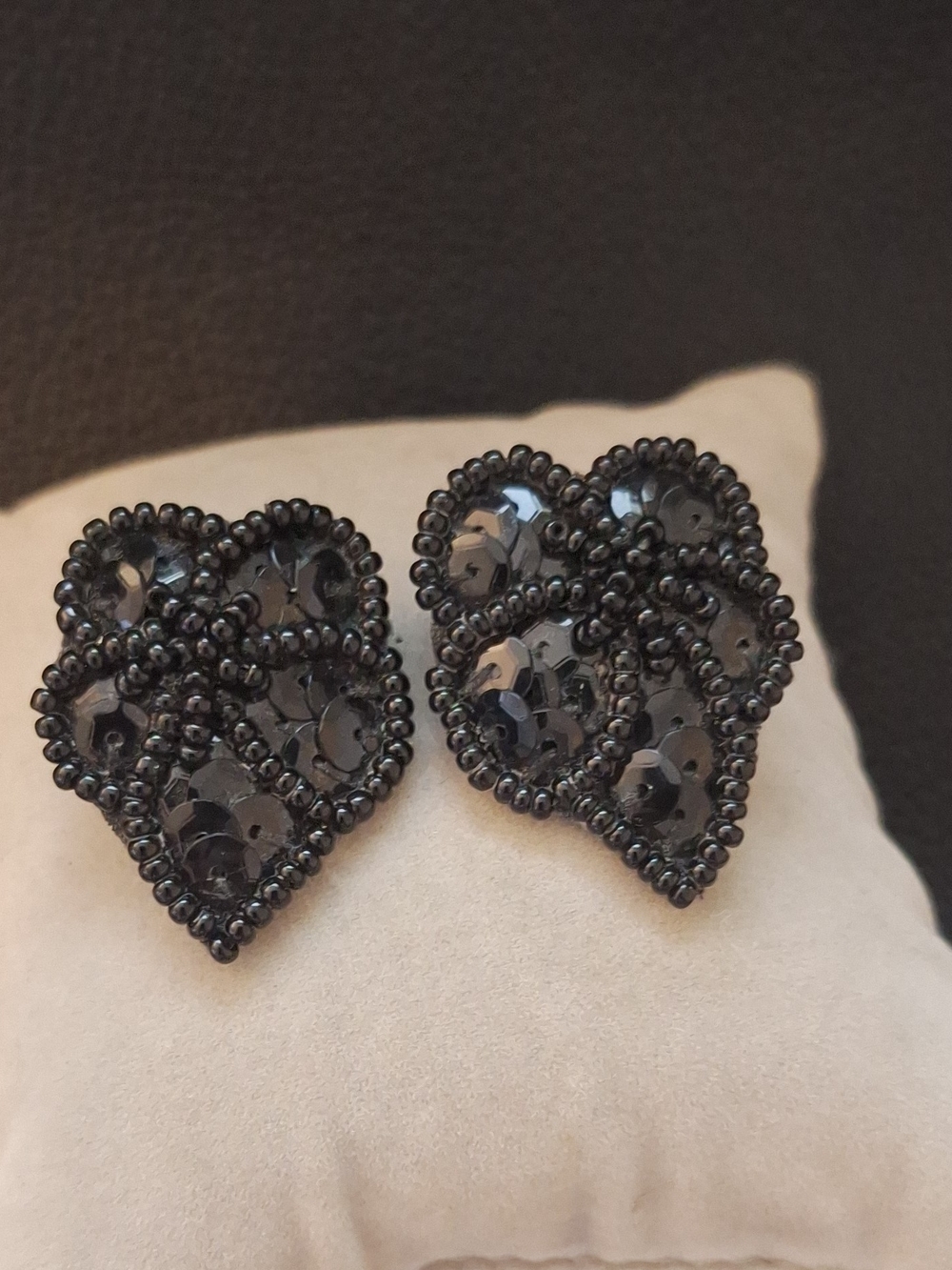 1" Vintage Handcrafted Black Beaded Heart Stud Earrings